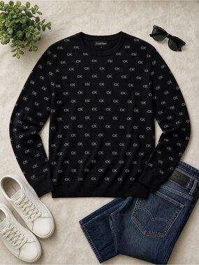 Calvin Klein Wool Blend Crewneck Sweater Black CK Logo Pattern XL